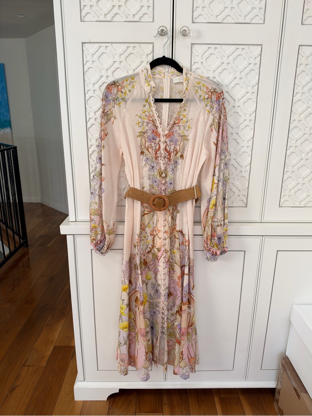 ZIMMERMAN Floral Print Pink Midi Dress with Belt